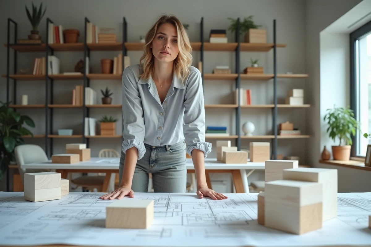 Jeune architecte analysant des échantillons de blocs dans un bureau