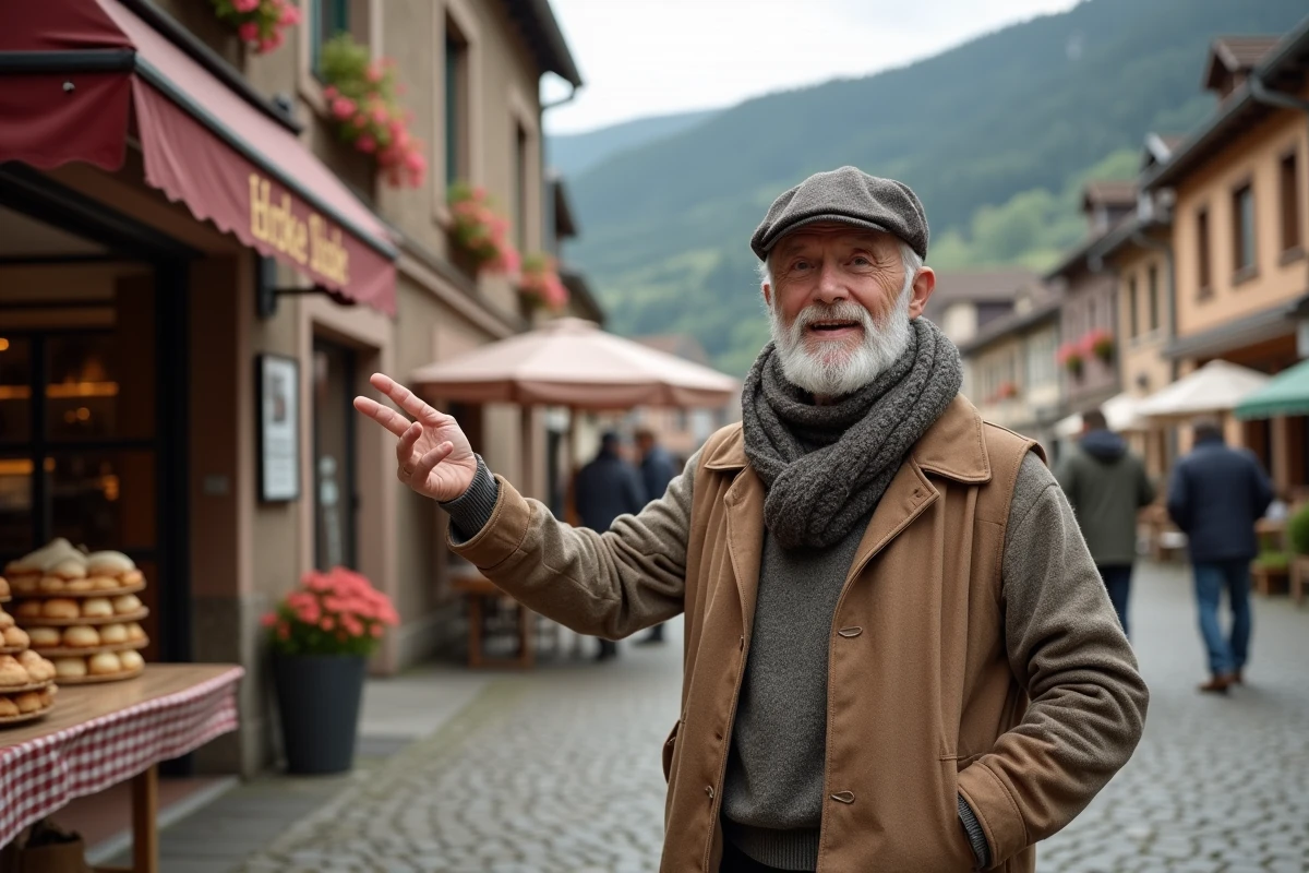 Homme âgé dans une place de village alsacien avec boulangerie