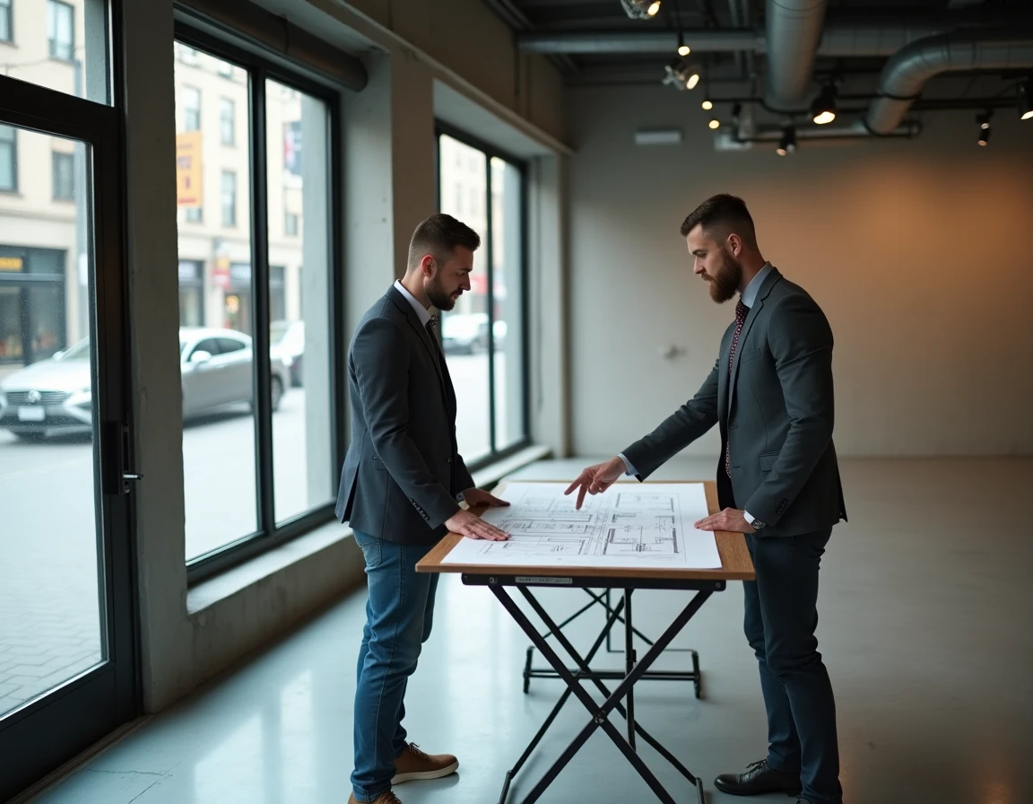 Deux associés analysant les plans d'un local commercial vide avant d'y installer leur nouvelle entreprise