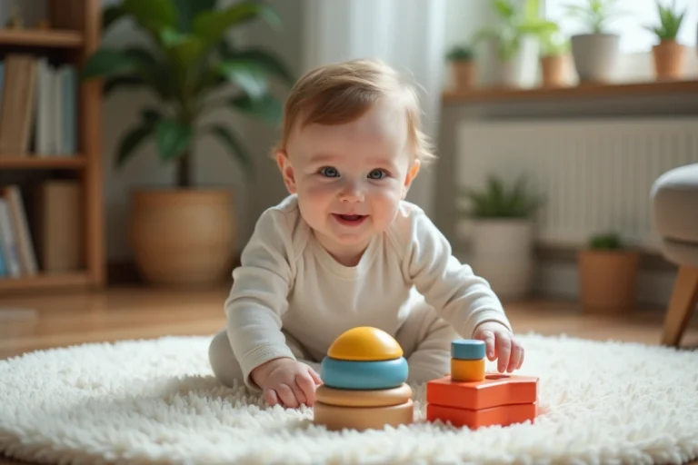 Bebe fille souriante joue avec un jouet en bois dans un salon moderne