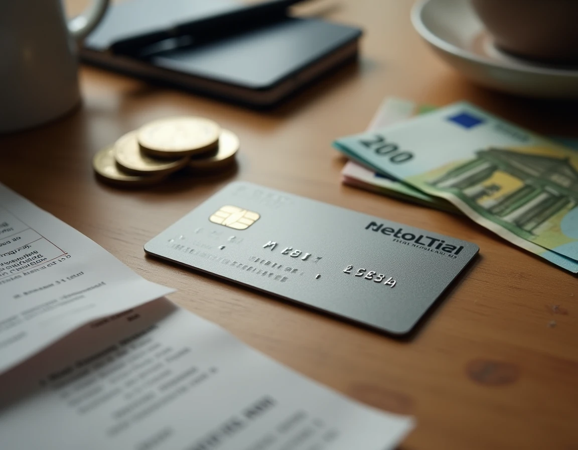 Vue de dessus d'une carte Nickel, des billets en euros et un reçu de transaction sur une table en bois, illustrant un dépôt d'espèces