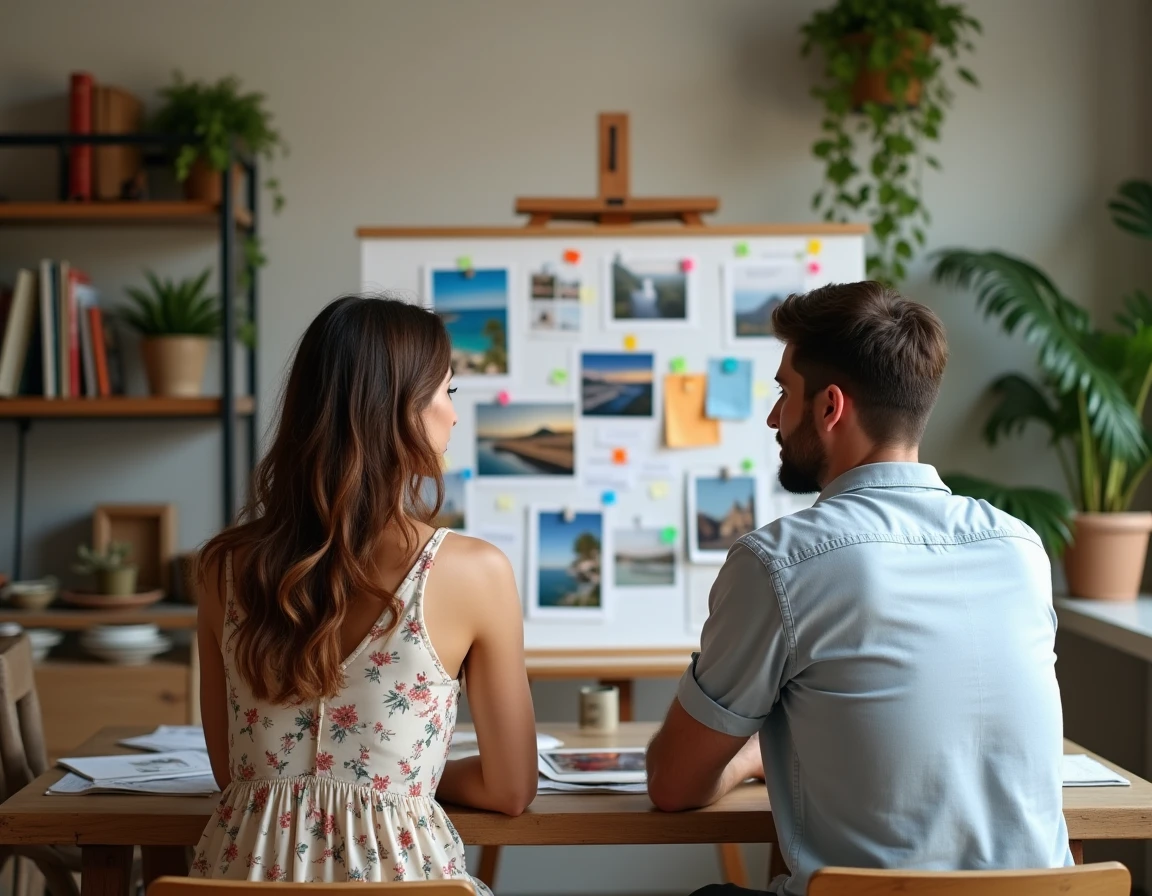 Couple co-créant un voyage culturel sur mesure avec un tableau de voyage dans un atelier d'agence