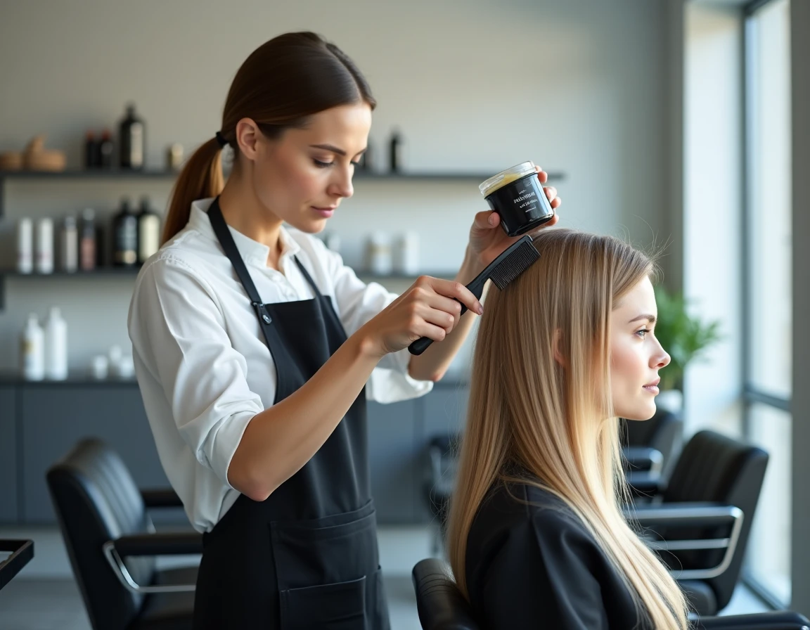 Coiffeuse professionnelle appliquant un masque capillaire Vermogal sur les cheveux blonds d'une cliente dans un salon moderne
