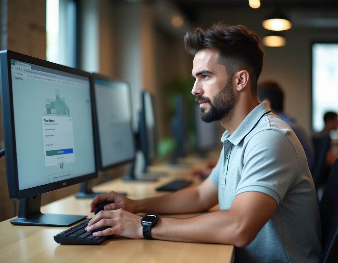 Conseiller immobilier masculin consultant l'intranet IAD depuis un espace de coworking