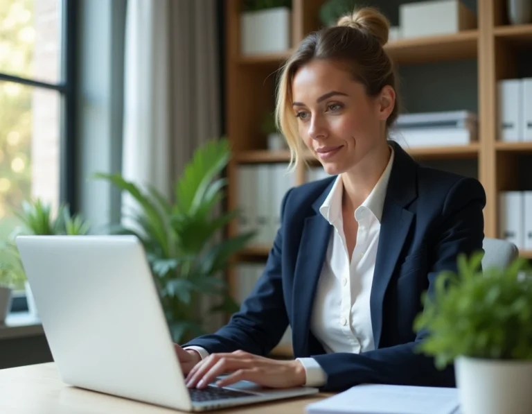 Conseillère immobilière IAD accédant à l'intranet sur son ordinateur portable dans un bureau à domicile
