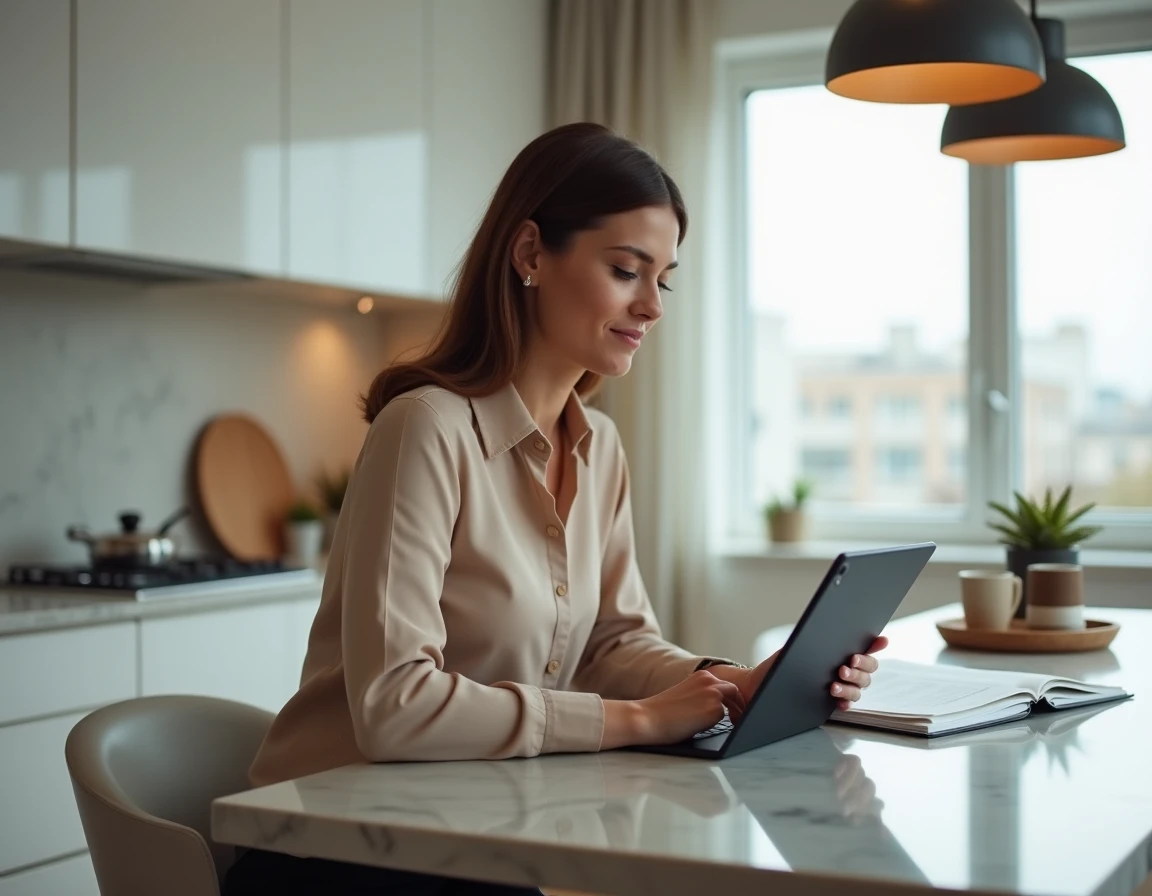 Conseillère immobilière IAD utilisant une tablette pour accéder à l'intranet depuis son domicile