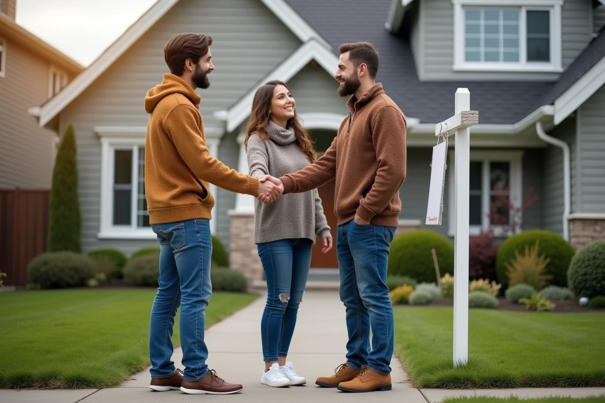 Jeune couple serre la main d un agent immobilier devant une maison