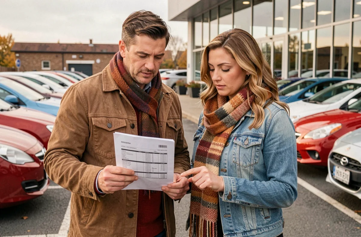 Couple examinant le rapport d'historique d'un véhicule d'occasion devant un concessionnaire automobile