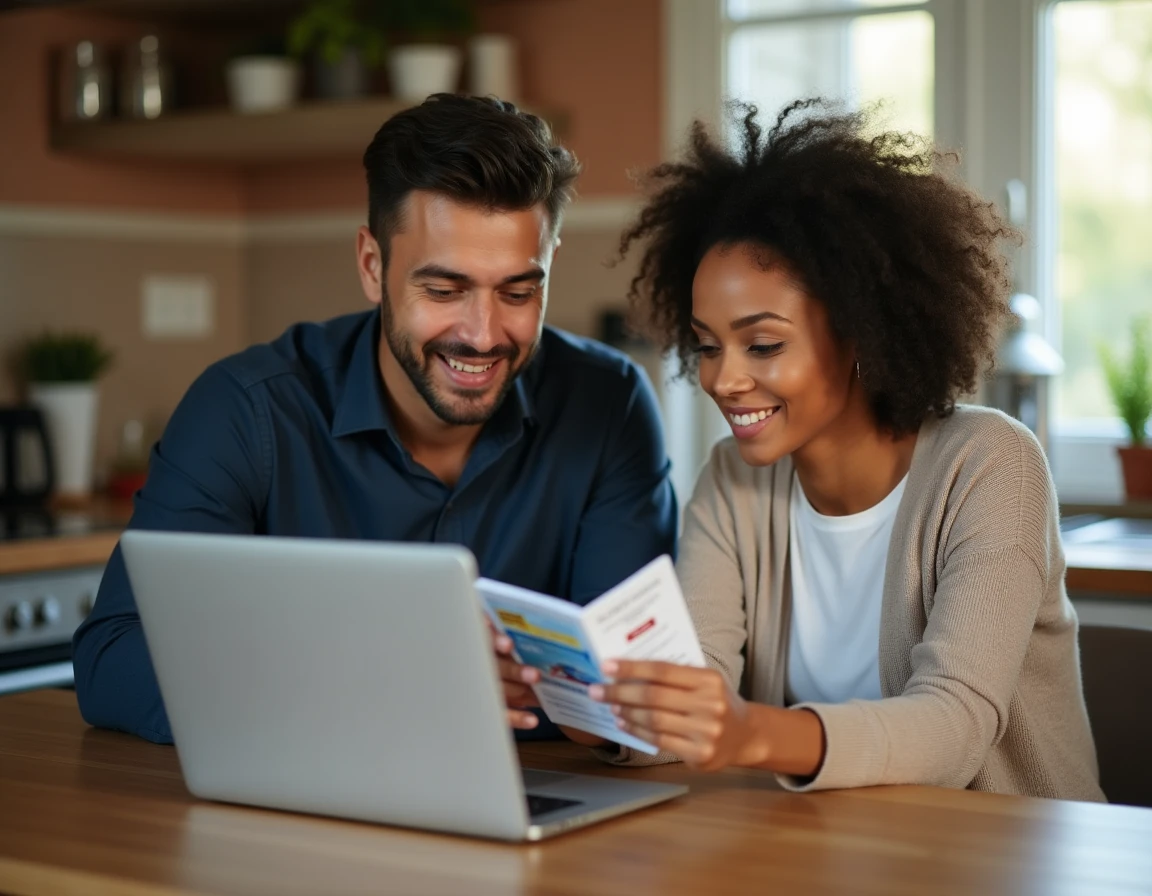 Couple consultant un site de réservation Air France avec des chèques vacances à la maison