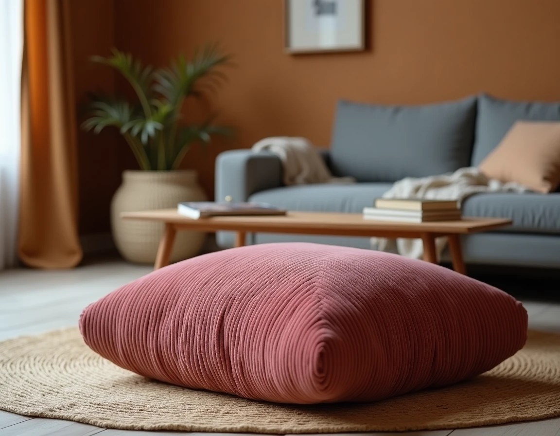Grand coussin de sol en velours côtelé rose poudré posé sur un tapis en jute comme assise d'appoint dans un salon bohème