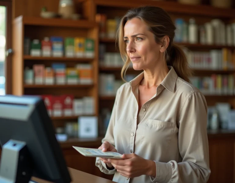 Femme tenant des billets en euros au comptoir d'un bureau de tabac pour un dépôt sur compte Nickel refusé