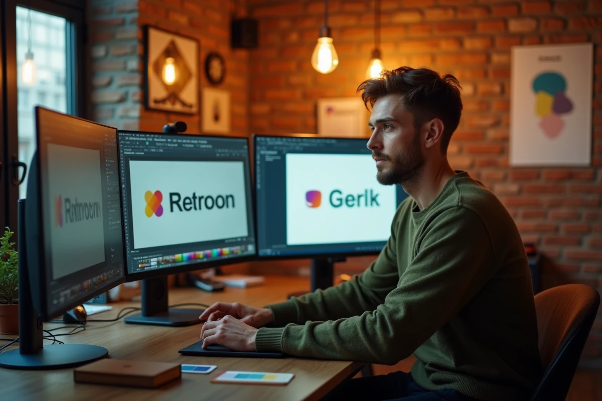 Designer graphique travaillant sur le rebranding d'une marque avec comparaison d'anciens et nouveaux logos sur écran