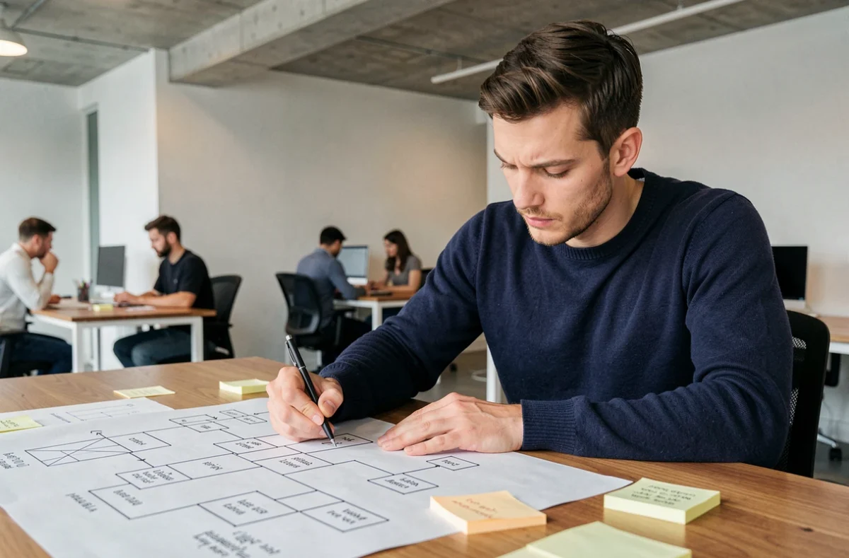Développeur web analysant la structure de navigation d'un site automobile sur un bureau avec des schémas de sitemap