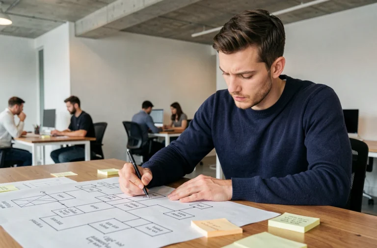 Développeur web analysant la structure de navigation d'un site automobile sur un bureau avec des schémas de sitemap