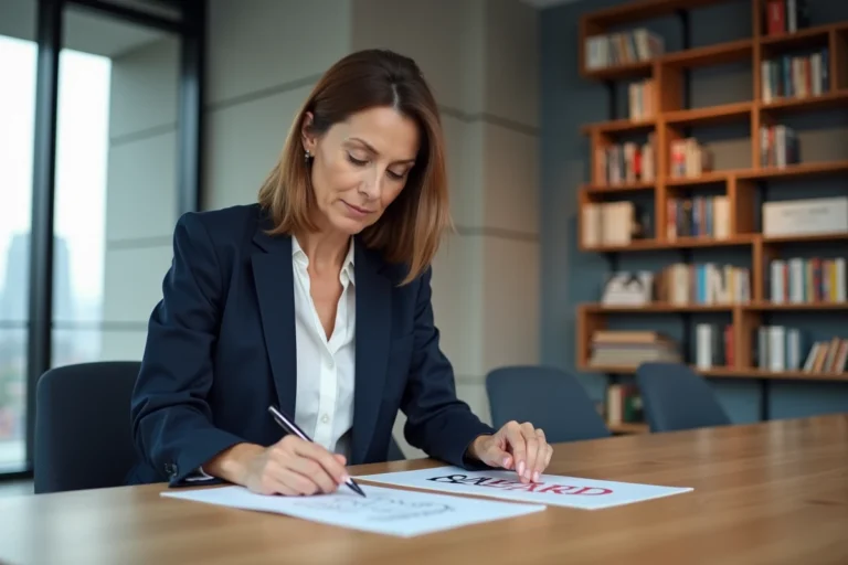Directrice créative comparant des maquettes de logo dans un studio de branding moderne pour un rebranding de marque
