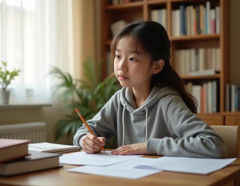 Lycéenne en seconde qui examine son bulletin scolaire avec une expression sereine et réfléchie, assise à son bureau entouré de manuels scolaires