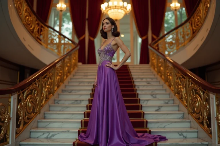 Femme élégante en robe vintage violet brodé dans un manoir de style Hollywood classique, évoquant le glamour d'Elizabeth Taylor