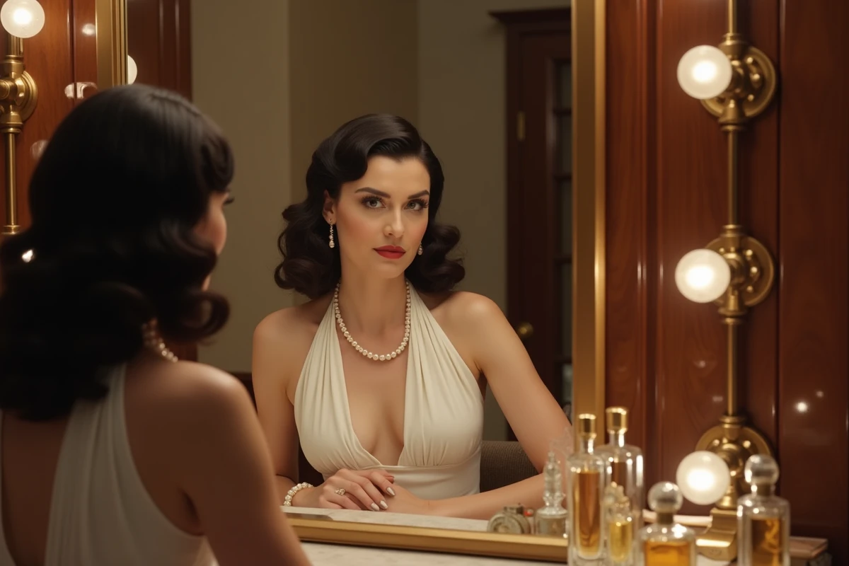 Portrait intimiste d'une star de cinéma classique devant une coiffeuse Art Déco, rappelant l'univers glamour et privé d'Elizabeth Taylor