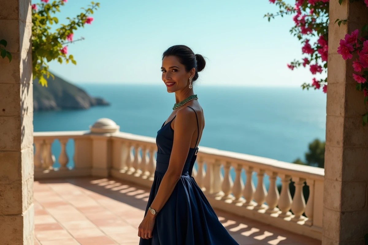 Femme majestueuse en robe de soirée bleue et bijoux de diamants sur la terrasse d'une villa méditerranéenne, dans le style de vie luxueux d'Elizabeth Taylor