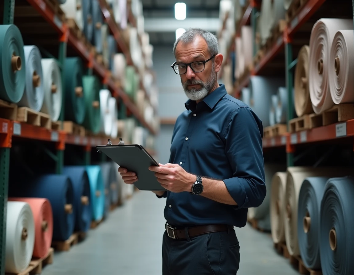 Responsable logistique textile dans un entrepôt de stockage de tissus pour la confection de vêtements Camaïeu
