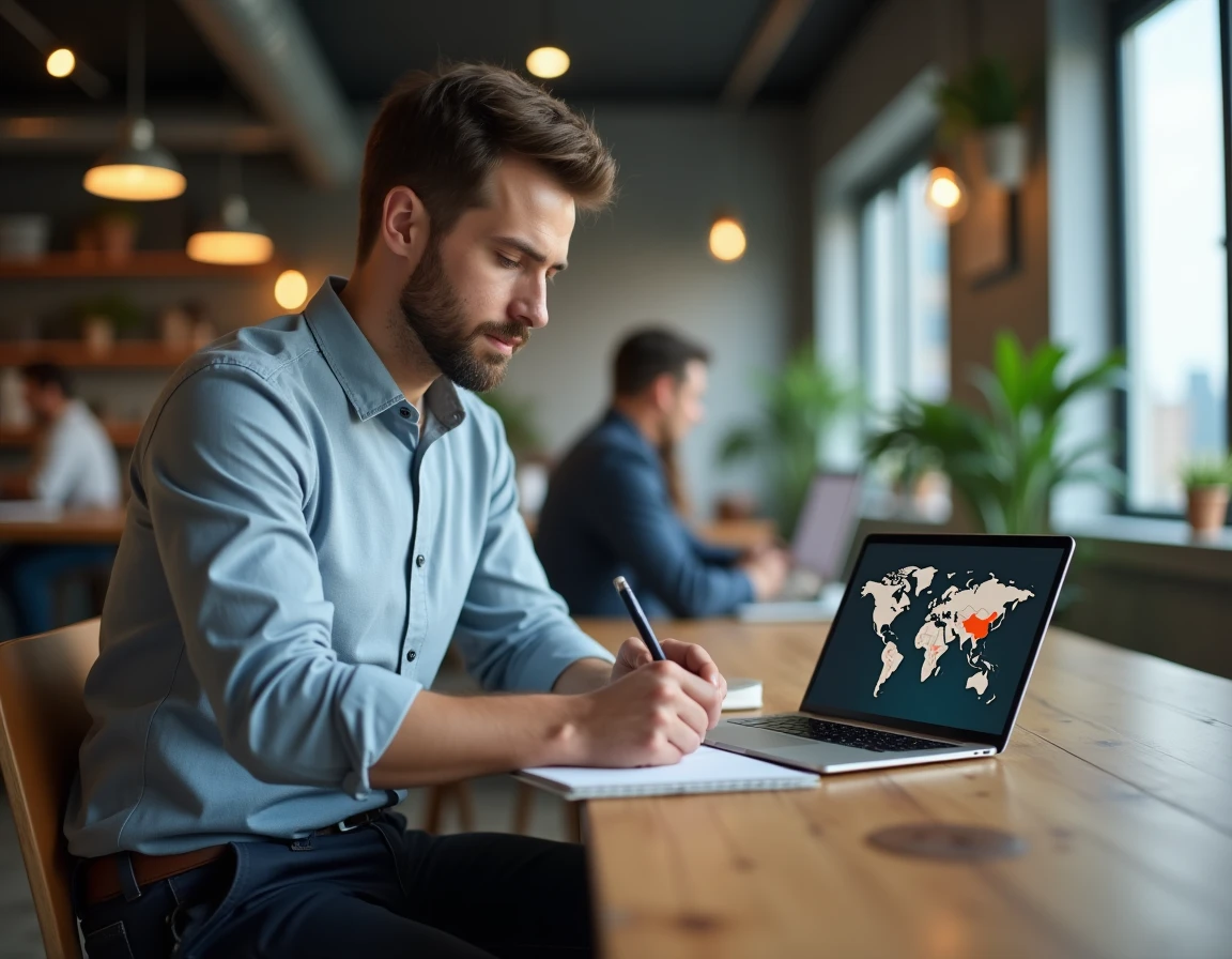 Entrepreneur analysant une carte numérique de zones commerciales sur ordinateur pour choisir le meilleur emplacement pour son entreprise
