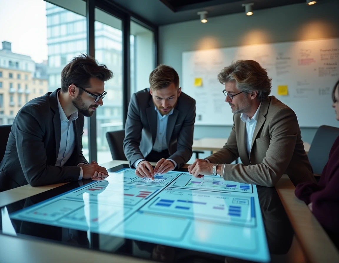 Équipe de professionnels français collaborant sur un écran tactile interactif lors d'une réunion de transformation numérique en entreprise