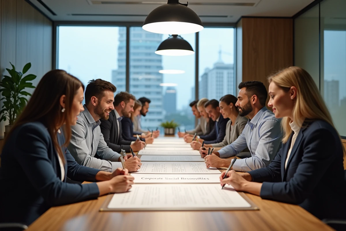 Groupe de professionnels signant un panneau de responsabilité sociale