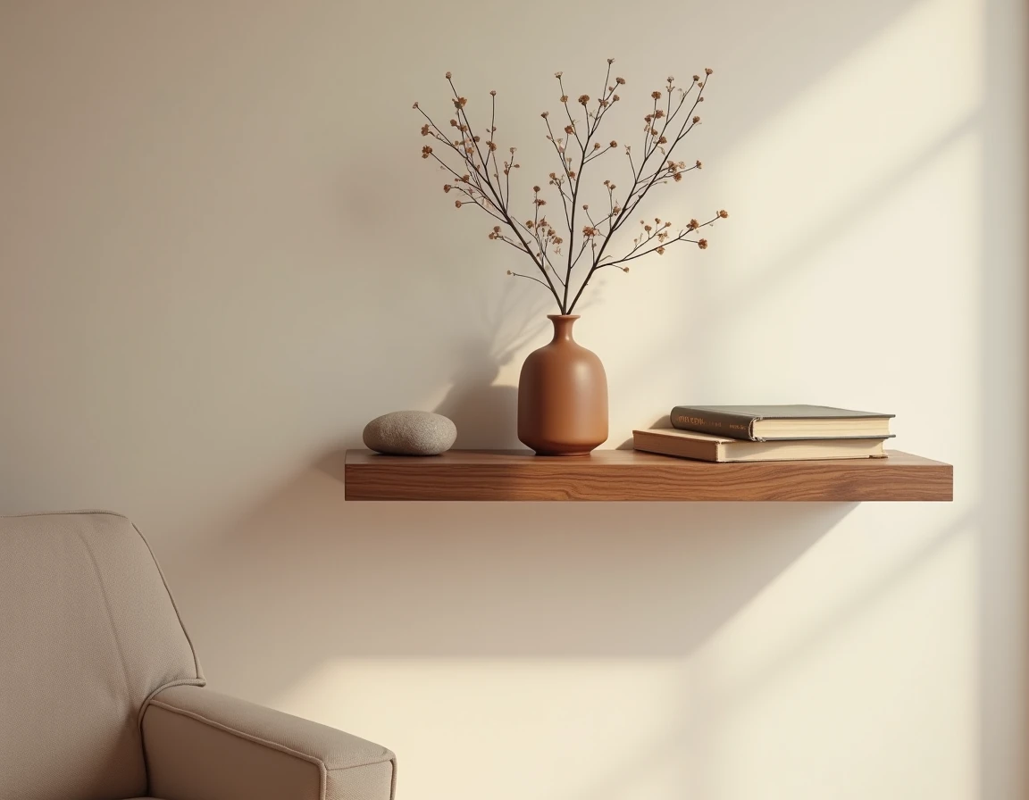 Étagère murale unique en noyer huilé avec trois objets seulement : vase céramique, livre de poche et galet sur un mur en plâtre