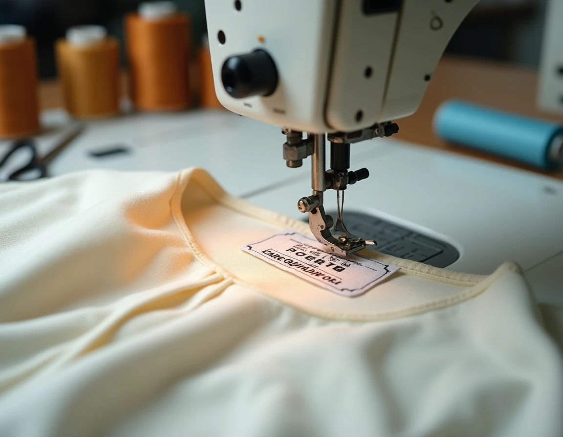 Gros plan sur l'étiquette d'origine et la composition cousue dans un vêtement Camaïeu sur une machine à coudre industrielle