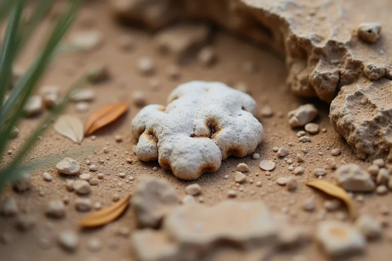 Gros plan macro sur des excréments de serpent sur une roche plate, montrant les dépôts d'acide urique blanc et la matière fécale brun foncé
