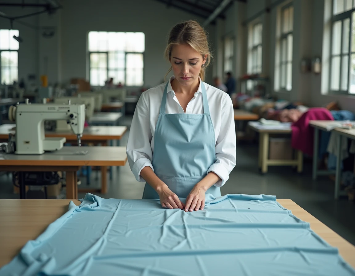 Ouvrière textile inspectant un vêtement Camaïeu sur une table de coupe dans une usine de fabrication de vêtements
