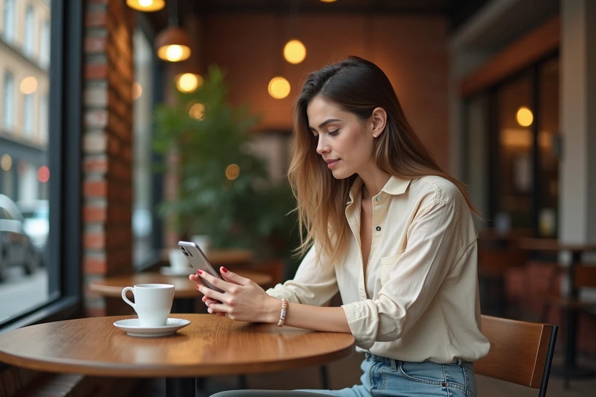 Jeune femme consultant les actualités tendances sur son smartphone dans un café urbain moderne
