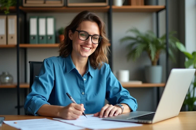 Femme souriante remplissant un document dans un bureau moderne