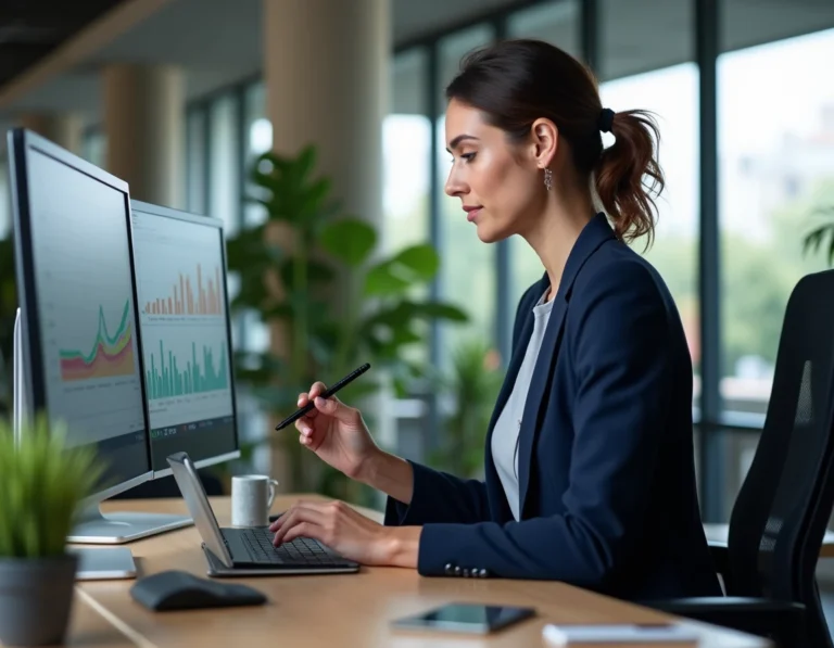 Femme cadre utilisant des outils numériques dans un open space moderne à Paris, illustrant la digitalisation des entreprises françaises