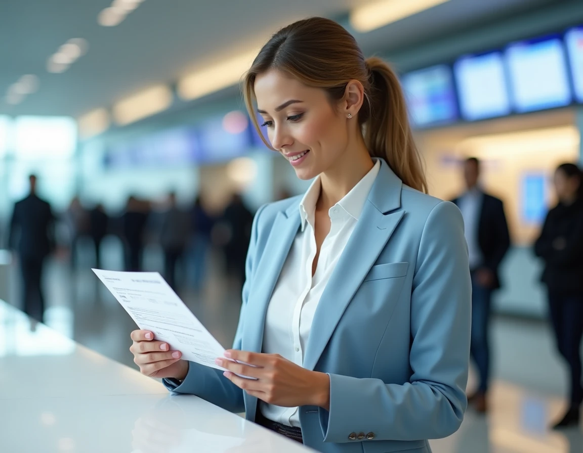 Femme tenant un chèque vacances à un comptoir d'enregistrement Air France dans un aéroport moderne