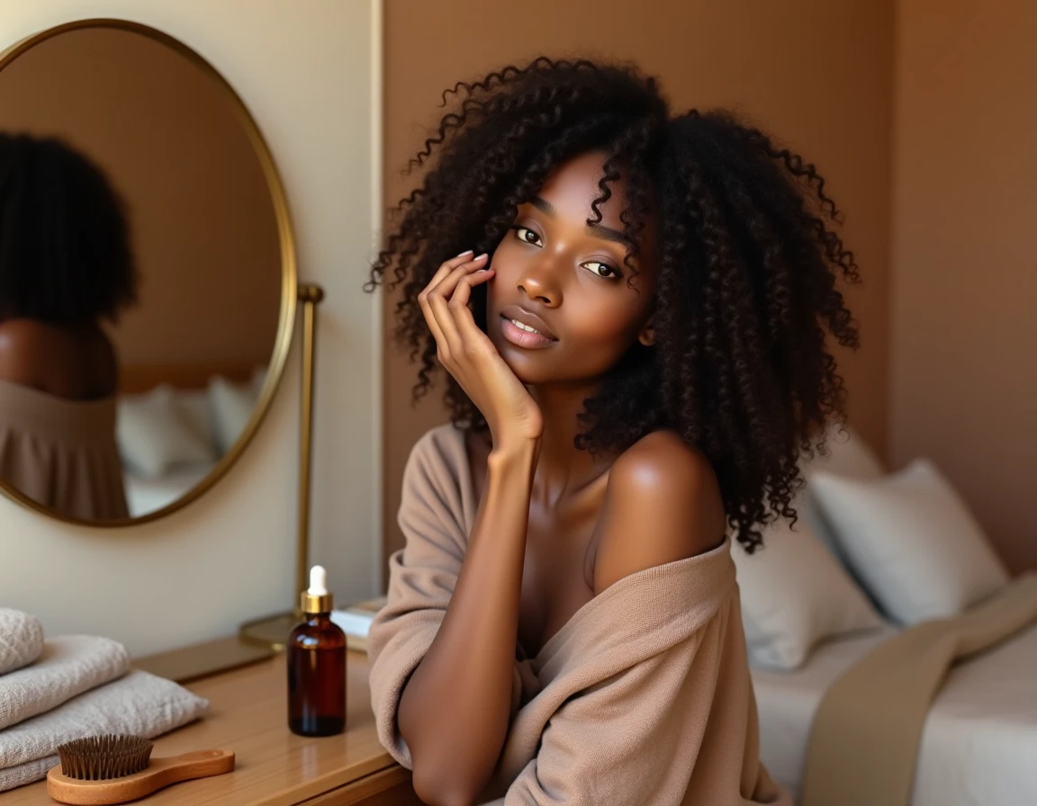 Femme aux cheveux bouclés sains utilisant un sérum capillaire Vermogal devant un miroir en laiton dans une chambre cosy