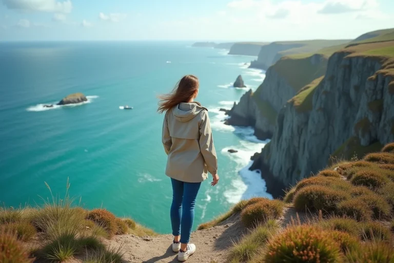 Femme debout sur une falaise bretonne regardant la mer turquoise