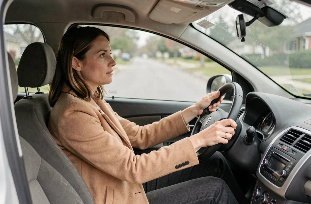 Femme conduisant une voiture d'occasion lors d'un essai routier, les mains sur le volant dans un habitacle réaliste