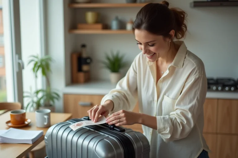Femme attachant une étiquette valise imprimée à sa valise avant un voyage