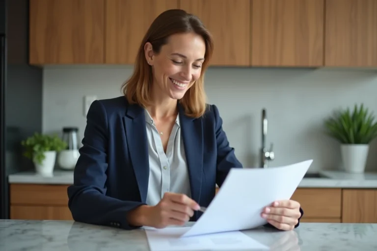 Femme d age moyen examine documents immobiliers dans une cuisine moderne