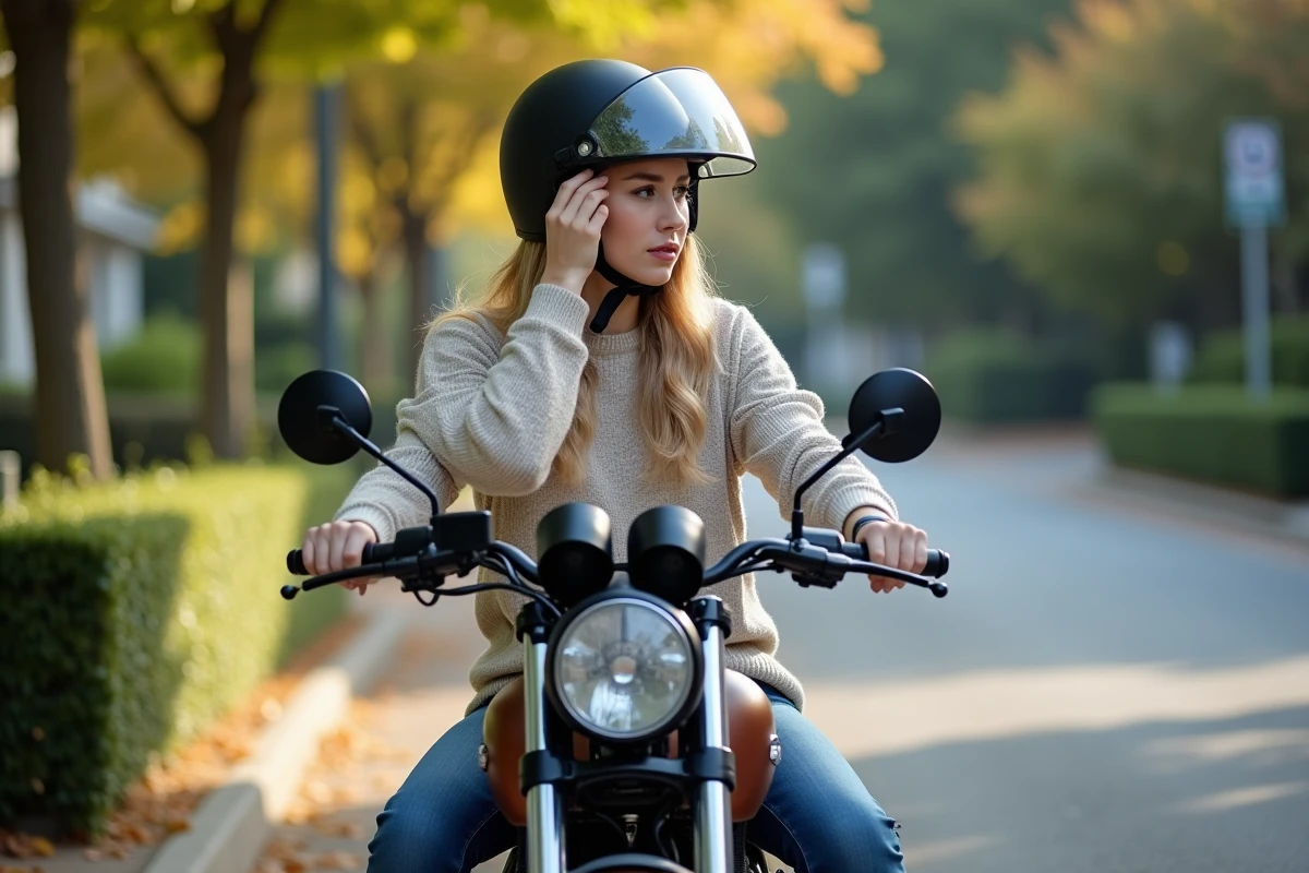 Femme sur une moto au bord de la route avec visière relevée