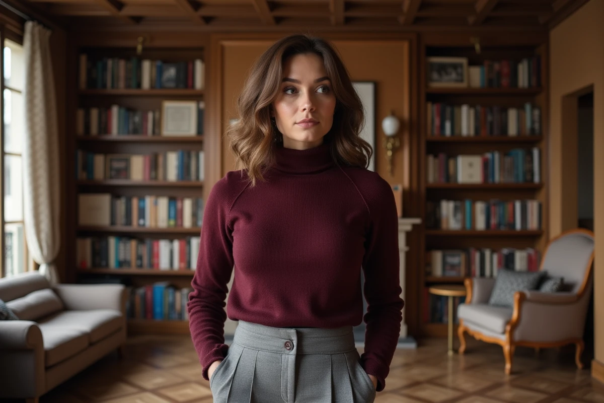 Femme française d'environ quarante ans en pull bordeaux dans un appartement parisien avec parquet en chevrons et bibliothèque vintage