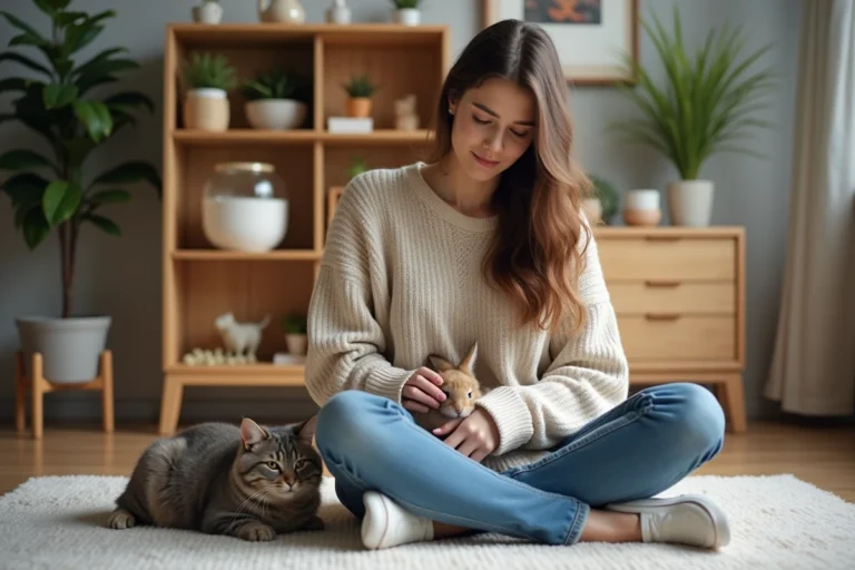 Jeune femme avec lapin et chat dans un salon cosy