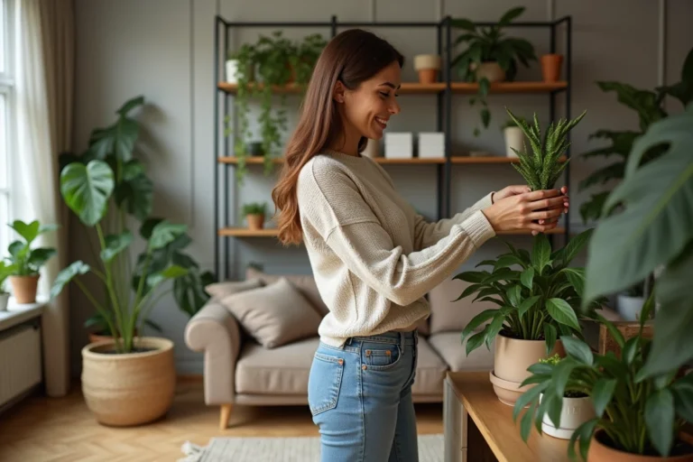 Femme arrangeant des plantes dans un salon cosy