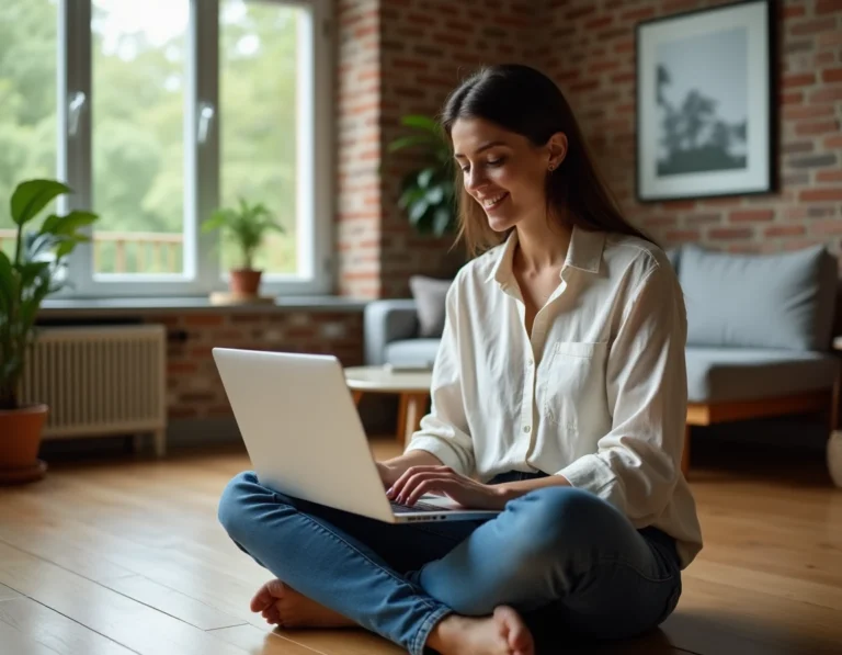 Femme recherchant un logement de vacances sur une plateforme en ligne depuis son appartement