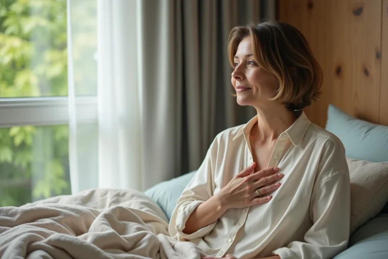 Femme d'âge moyen en réflexion dans une chambre lumineuse