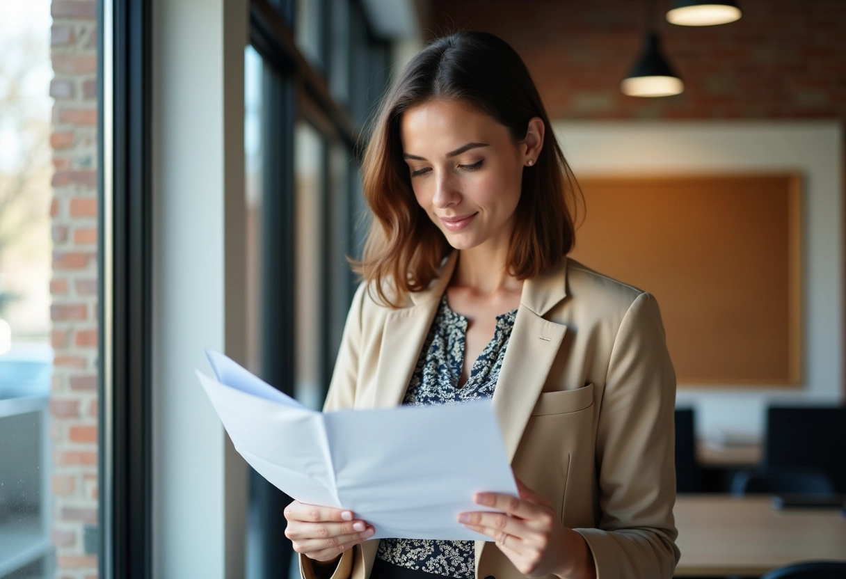 Jeune femme examinant un CV dans un espace de coworking lumineux