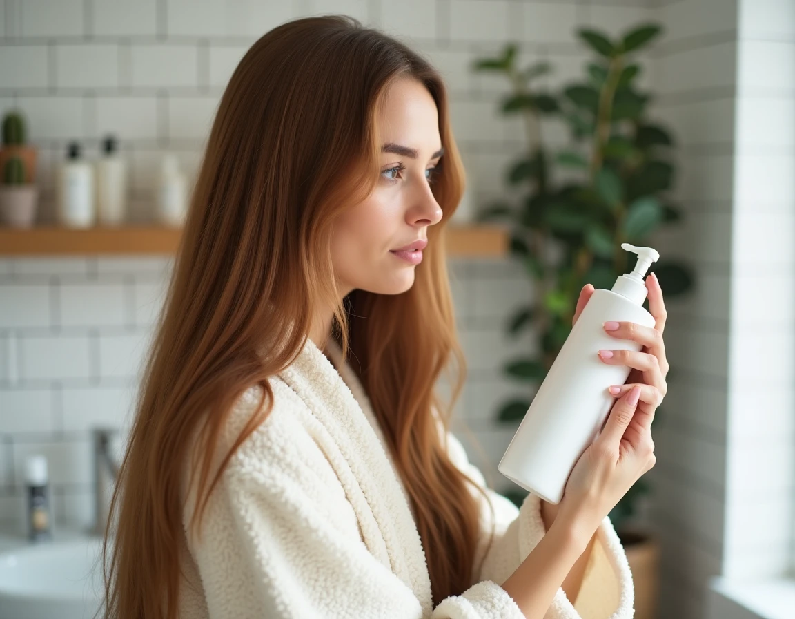 Femme appliquant un soin capillaire Vermogal sur ses cheveux châtains brillants dans une salle de bain moderne