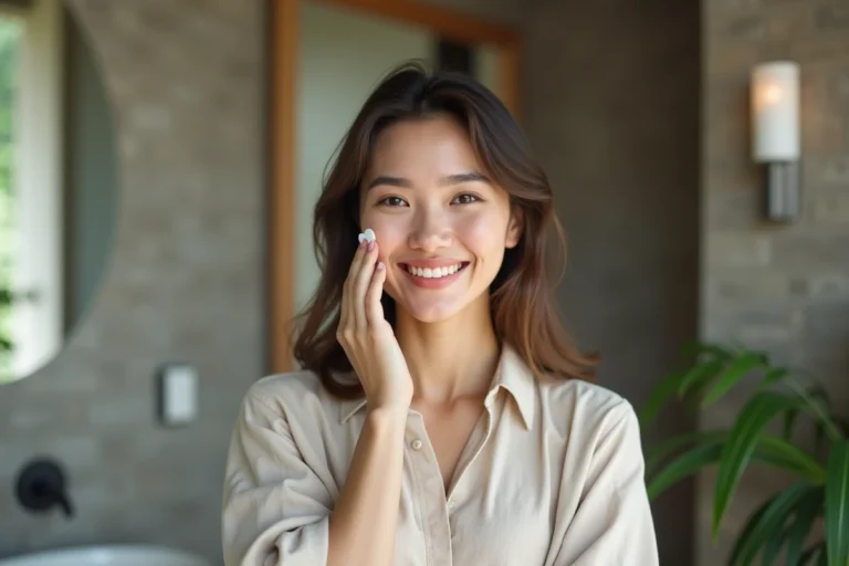 Femme appliquant une creme visage dans une salle de bain moderne