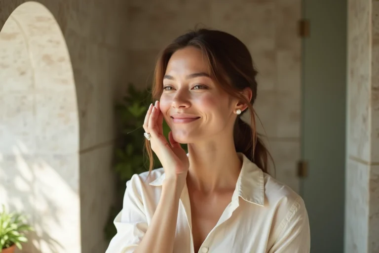 Femme appliquant une creme visage dans une salle lumineuse